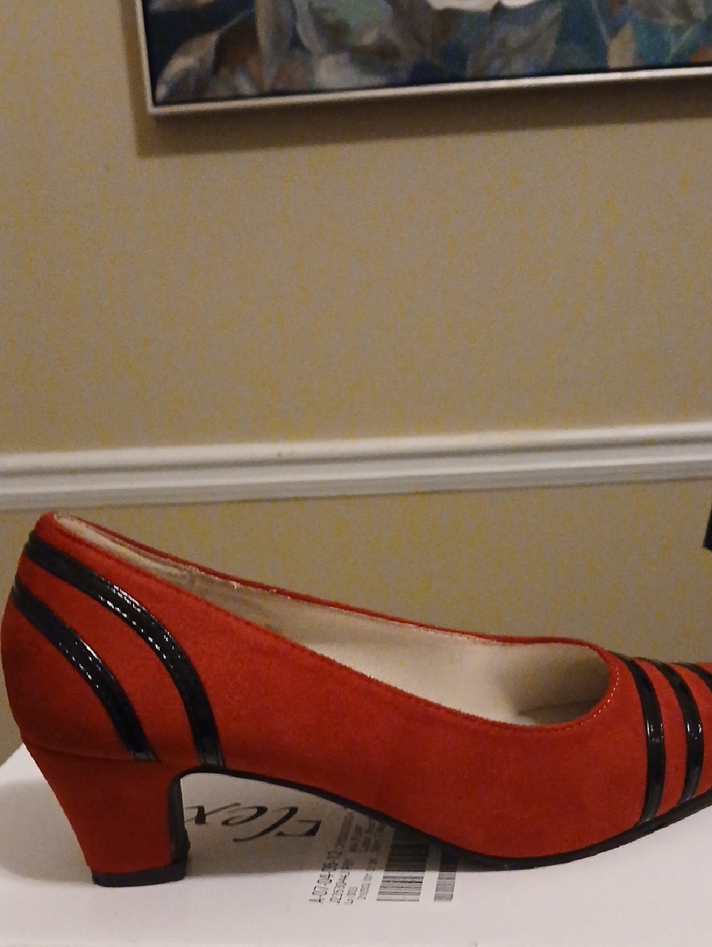 Red Suede Low Heel Pump with Black Patent Accent